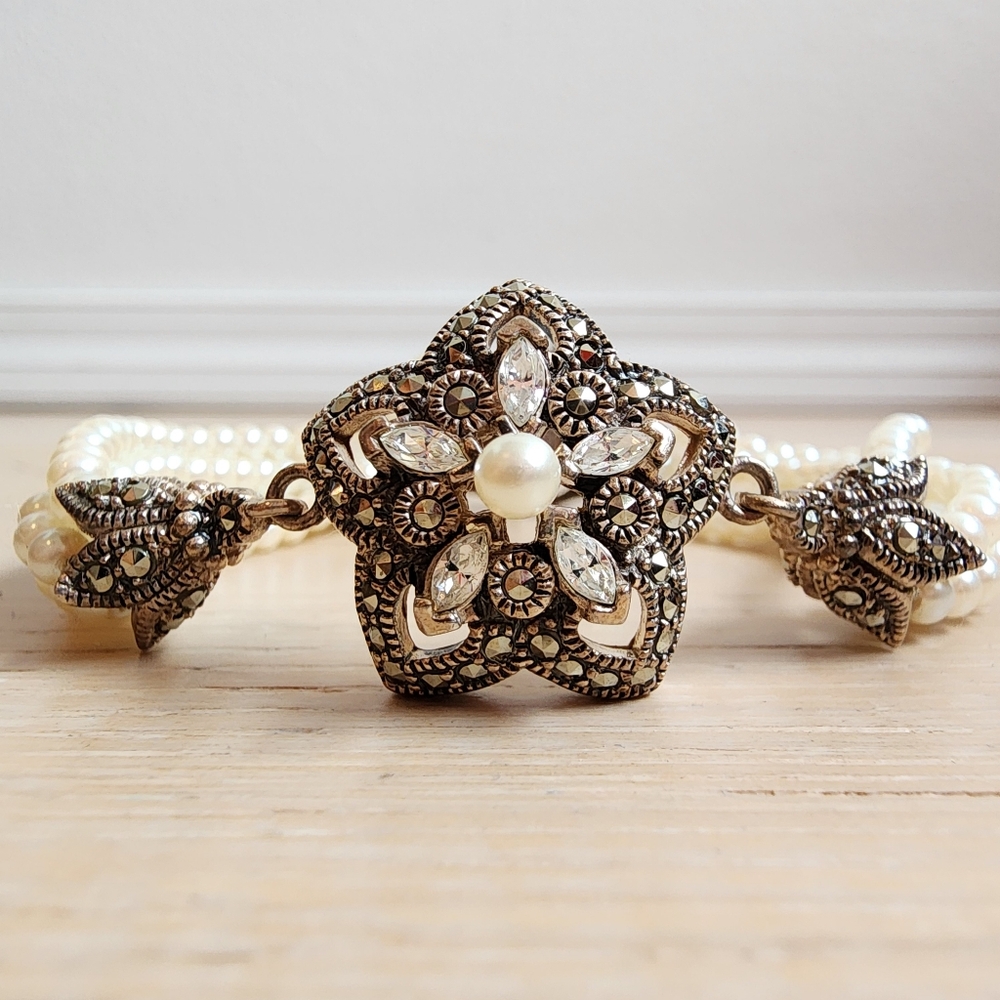 Vintage 1980s Sterling Silver and Authentic Pearl Bracelet
